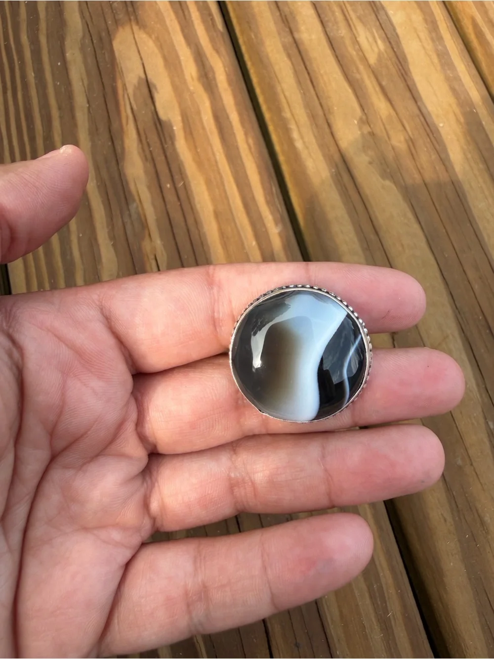 925 Sterling Silver Black & White Agate Signet Ring